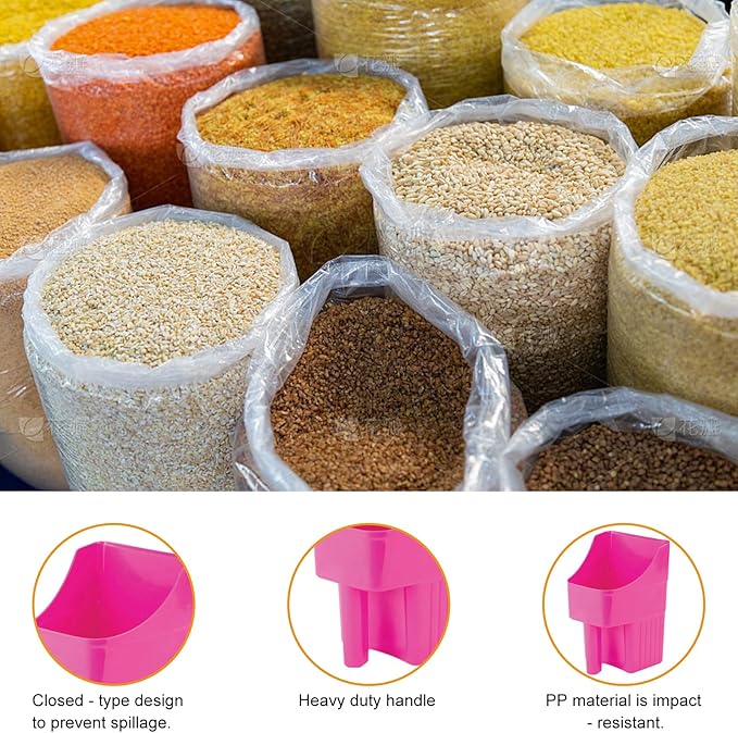 6 Pcs Plastic Enclosed Feed Scoop for Livestock Heavy Duty Grain Scoop 2 Quart Large Stackable for Horse Goat Dog Animal Ranchers Farmers (Pink)