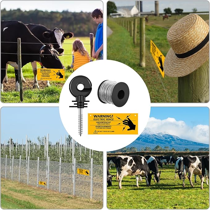 53 Pcs Electric Fence Set 250FT Electric Fence Wire 50 Pcs Electric Fence Insulators and 2 Pcs Electric Fence Warning Signs for Animal Husbandry Electronic