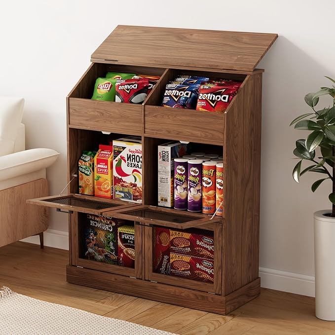 SUNBURY 47" Tall Farmhouse Kitchen Pantry Cabinet, Freestanding Wooden Vegetable Storage Hutch with Breathable Mesh Doors, 6-Compartment Floor Cabinet for Potato, Onion, Rustic Brown