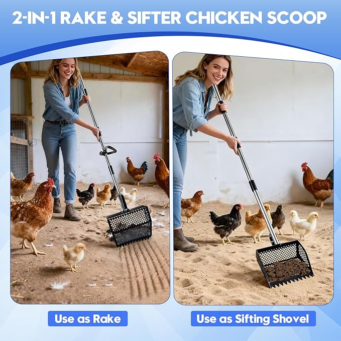 Chicken Coop Scoop & Rake 2-in-1,Chicken Poop Scooper with Stainless Steel Handle (35-61.8" Adjustable),Sifter Shovel Chicken Coop Sand Rake for Chicken Coops & Farm Animals