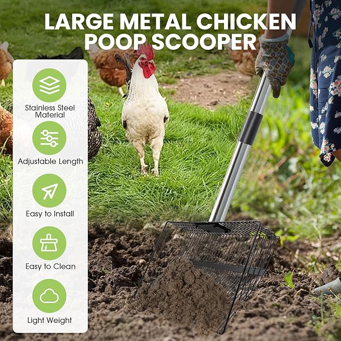 4-in-1 Chicken Poop Scooper & Rake, 15" Large Metal Sifting Shovel Poop Scooper for Sand, Adjustable Stainless Steel Handle 22"-65" for Coop Cleaning,Farms,Courtyards,Poultry Houses