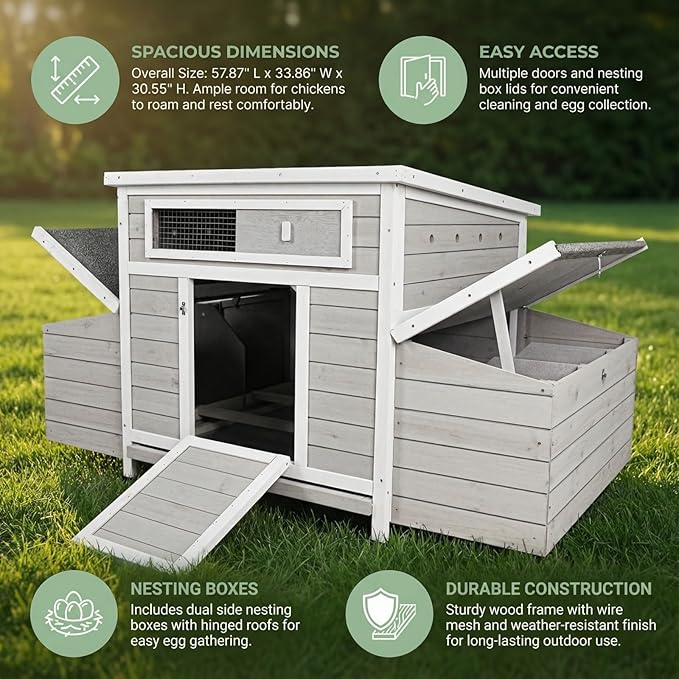 Large Wooden Chicken Coop Outdoor with 2 Sides Nesting Boxes, Window Openable Weatherproof Poultry Cage,Removable Tray Hen House for Farm, Backyard (57.38" L x 33.07" W x 32.87" H)
