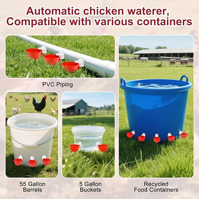 Chicken Waterer Cups, 8 Pack Red Automatics Chicken Waterer, Professional Poultry Cups Suitable for Chicks, Duck, Goose, Turkey and Bunny Various Poultry, Compatible with Various Containers