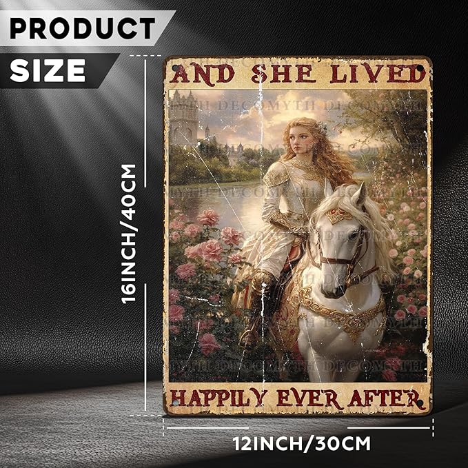 Vintage Horse Tin Sign And She Lived Happily Ever After Retro Girl Metal Poster Funny Pet Lovers Wall Art Cafe Wall Decor for Kitchen Office Garden Plaque Home Bar Plub Club Shop 12 * 16inch