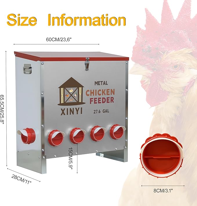 XINYI Automatic Metal Chicken Feeder, 27.6 Gallon Large Capacity with 10 No Waste Ports, Gravity Feeder with Locking Lid & Riveted Handles, Rodent Proof and Weatherproof for Your Chicken Coop