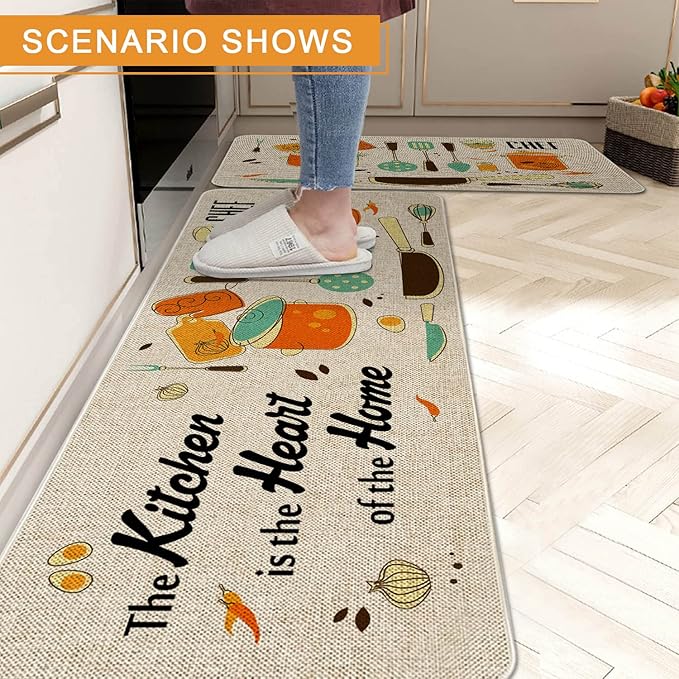 The Kitchen is The Heart of The Home Kitchen Mats Set of 2, Non-Slip Rubber Back Kitchen Rugs, Seasonal Holiday Cooking Sets Washable Floor Mat for Home Kitchen Decor - 17x29 and 17x47 Inch