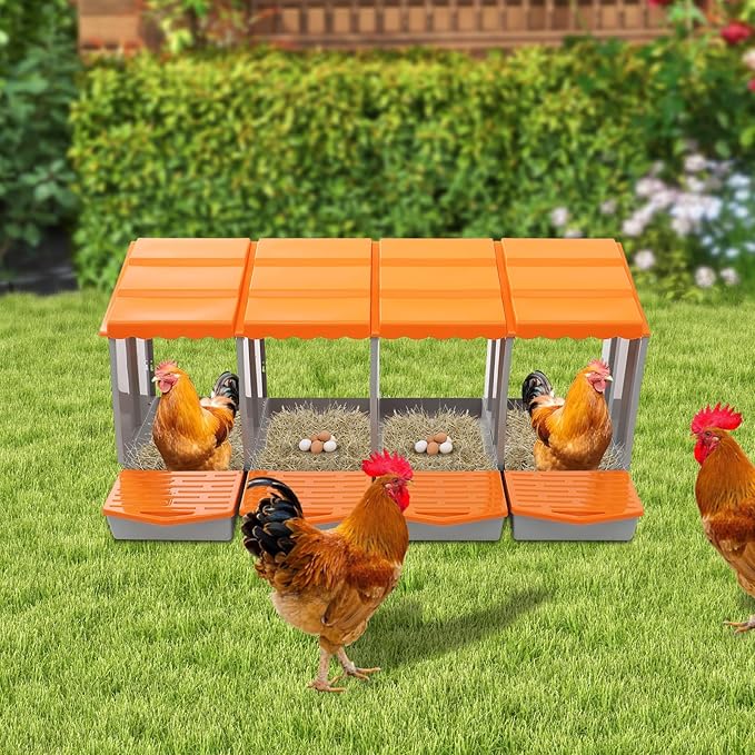 Chicken Nesting Box, 4 Compartments PP Nesting Box, Wall Mountable Nesting Boxes with Inclined Top, Drain Holes & Resting Platform for Chicken and Poultry to Collect Eggs