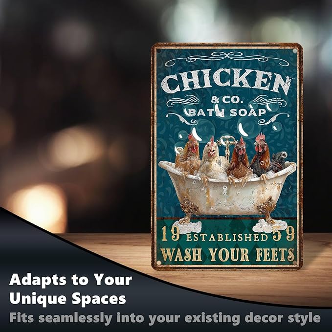 Funny Chicken Bathroom Sign Chicken Coop Metal Decor Wash Your Feets Tin Signs Vintage Wall Art For Home Restroom Washroom Cafe Indoor Kitchen Toilet Farmhouse Bar 12 * 8 In