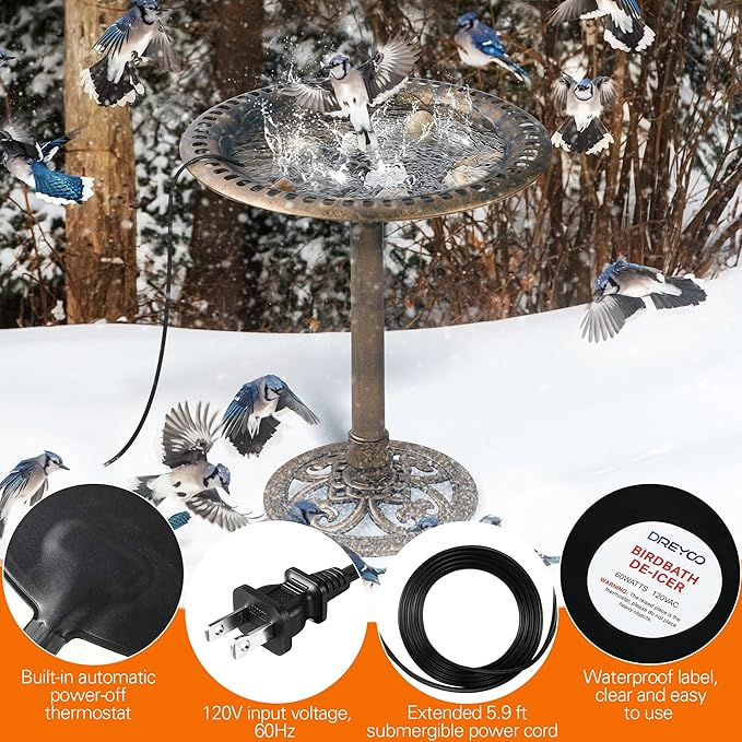 Dreyoo Bird Bath De Icer, 60w Submergible De Icer, Thermostatic Controlled Winter Water Heater Deicer for Bird, Chicken, Duck, Farm Trough, Design Patent Product(2 Pack)