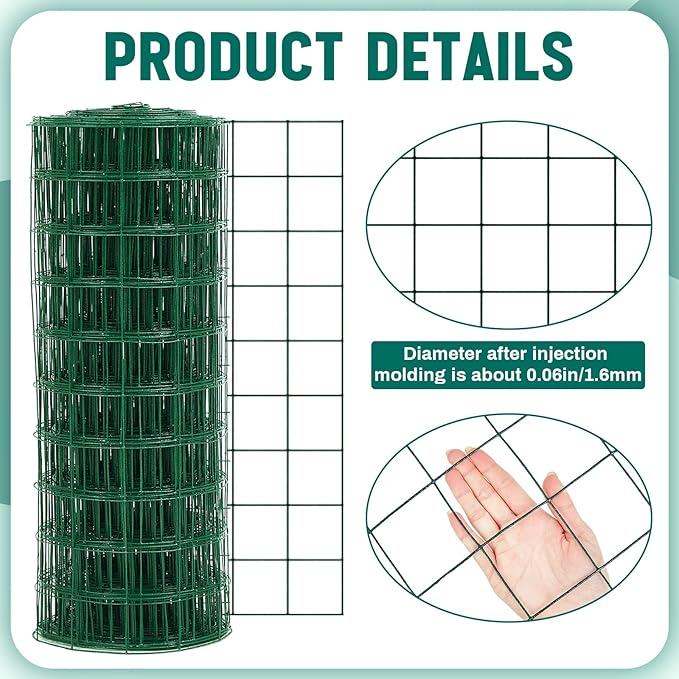 Gisafai Galvanized Welded Wire Fence 4 ft X 100 ft for Dog Chicken Hog Deer Goat Cattle 16GA Garden Border PVC Coated Fencing Roll Border Yard Vegetable Plant Animals Protection Poultry Netting(Green)