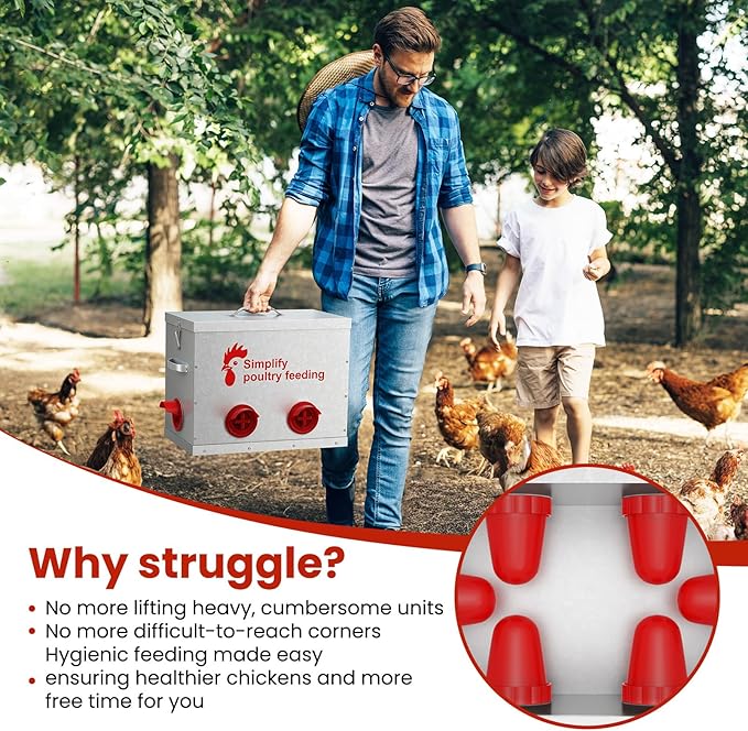 40 lb Large Automatic Chicken Feeder with 6 No-Waste Ports – Outdoor Metal Chicken Feeders with Adjustable Stand, Rodent-Resistant Design & Riveted Handles for Chickens, Ducks & Poultry