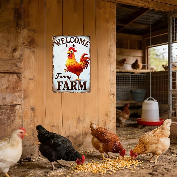 Funny Rooster Decor Sign Welcome To The Funny Farm Rustic Tin Sign for Home Farm Chicken Coop Decor 12x8 Inch
