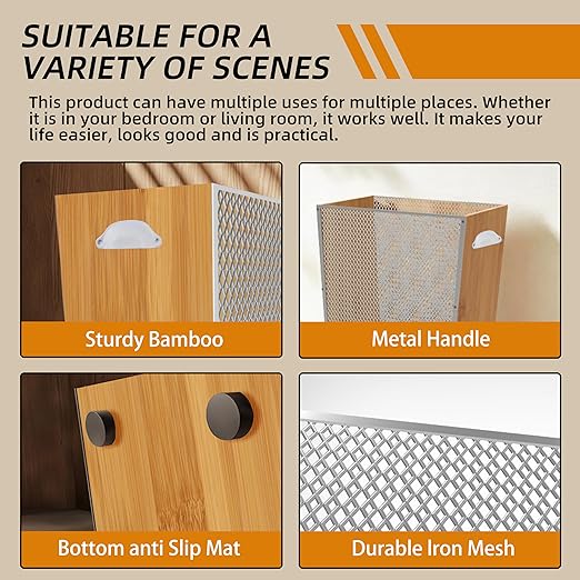 2 Gallon Bamboo-Wooden Trash Can - Rustic Office Waste Paper Basket - Decorative Garbage Bin for Bedroom, Bathroom, Kitchen, Living Room