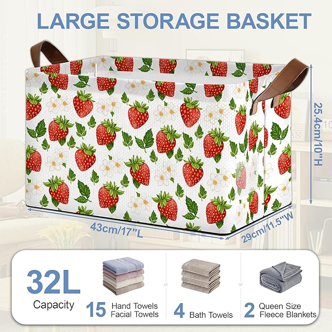 Strawberry Storage Basket with Handles,White Flowers Collapsible Rectangle Organizer Bin for Room Decoration Books Box Baskets 17x11.5x10Inch