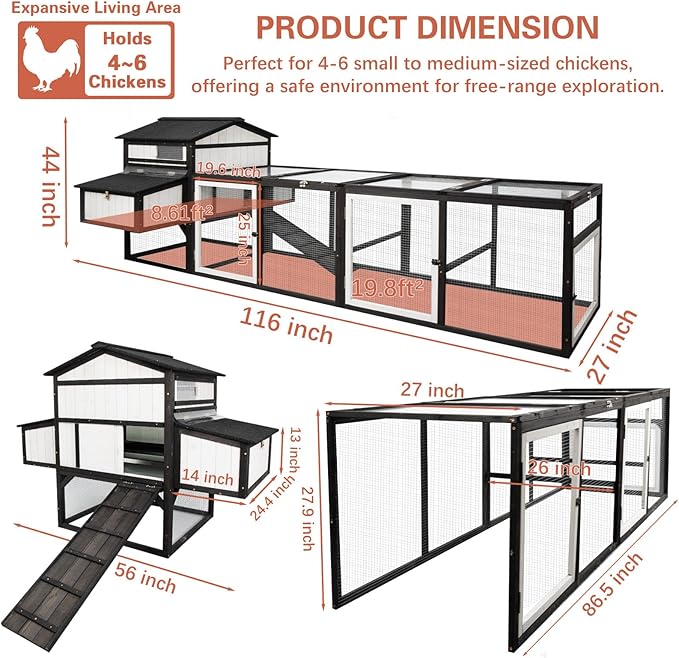 PetsCosset Extra Large Chicken Coop 116" L Wooden Poultry Cage with Run Hen House Outdoor Indoor Chicken Houses for 4-6 Chickens 4 Nesting Boxes, 4 Perches, Tray, Combinable, Gift for Chicken Lovers