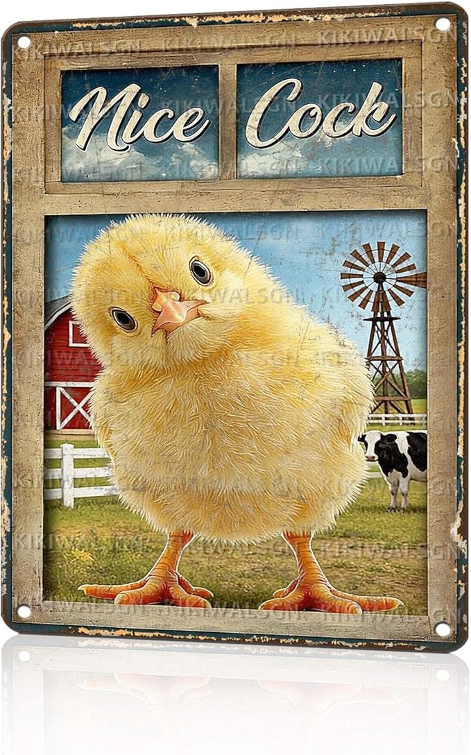Funny Chicken Metal Signs Coop Decor Nice Cock Tin Signs Vintage Farmhouse Poster Rustic Wall Decor For Home Outdoor Farm Poultry House Cafe Bathroom Restroom Washroom Toilet 16 * 12 In