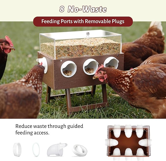 KOL No-Waste Chicken Feeder, 22LB Poultry Feeder with 6 Anti-Spill Ports, Clear-View HIPS & Acrylic Design, Foldable Stand for Hens and Chicks – Automatic Gravity-Flow Feeder