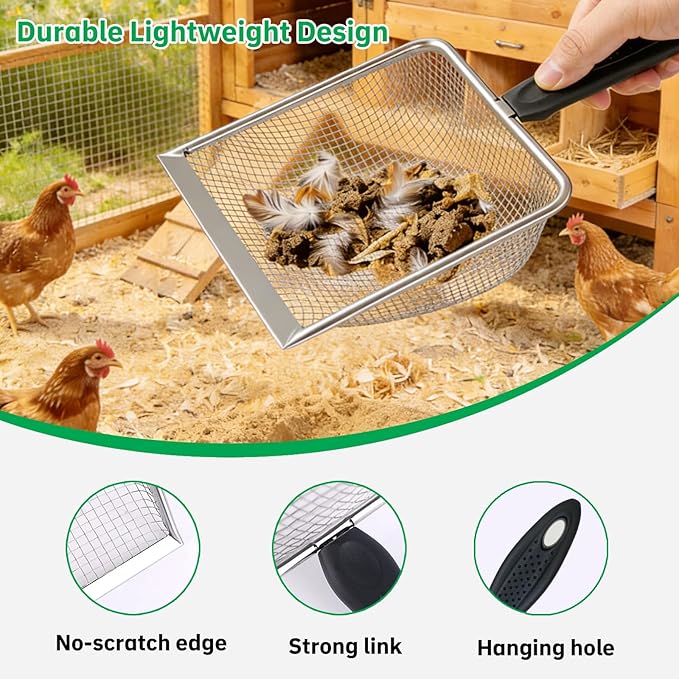 2 Pack Chicken Poop Scooper for Coop, Mesh Sifting Shovel with 3.8mm & 5mm Holes, 5.5" Metal Chicken Coop Rake and Scoop Cleaning Tool, Scooper Shovel for Sifting Sand, Litter, Chicken Supplies (5.5")