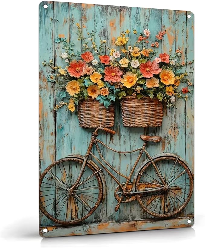 Vintage Floral Bicycle Metal Sign Rustic Farmhouse Daisy Floral Wildflowers Tin Signs Flower Still Life Bike Aluminum Wall art for Home Garden Patio Farm Yard Bar Bathroom Decor 8x12 Inch