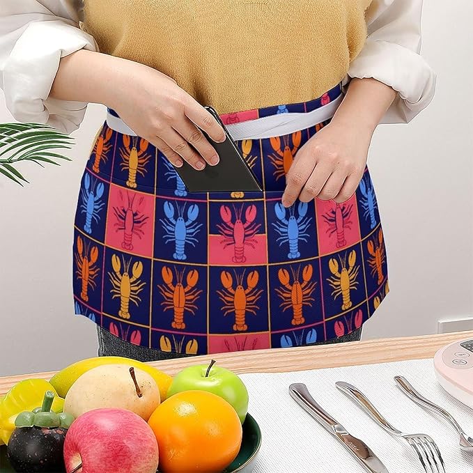 Unisex Chef Waiter Apron Waist Half Short Serving Aprons with 3 Pockets