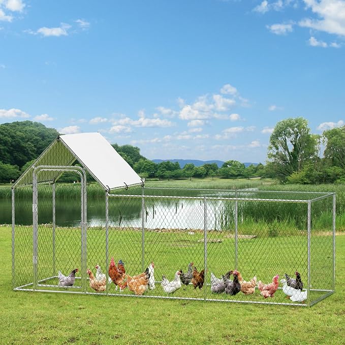 Large Metal Chicken Coop, Chicken Run for Yard with Waterproof and Anti-UV Cover, Walk-in Chicken House for 8/10 Chickens, Rabbits Duck Outdoor Farm Yard