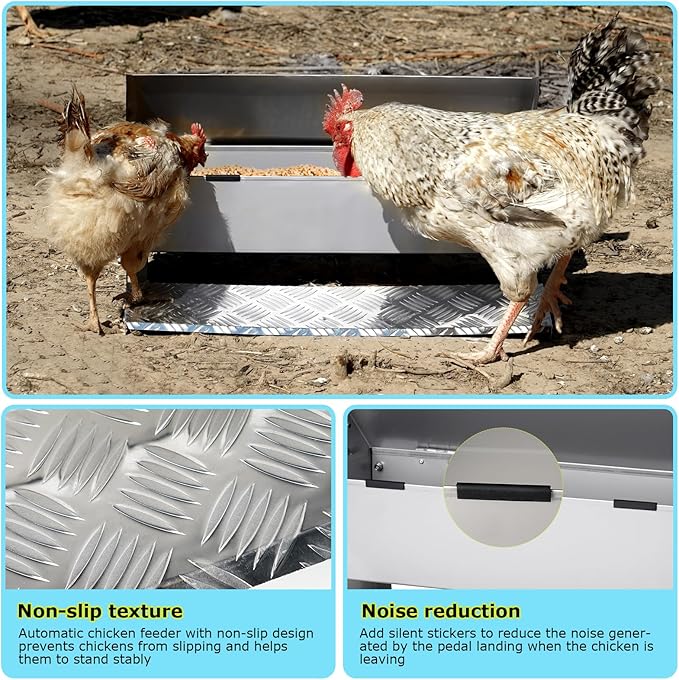 Automatic Chicken Feeder Treadle Large Poultry Feeders No Waste Stainless Steel Rat Proof Chicken Feeder Trough with Weatherproof Lid Treadle Chicken Feeder Self-Opening for Duck Fowl
