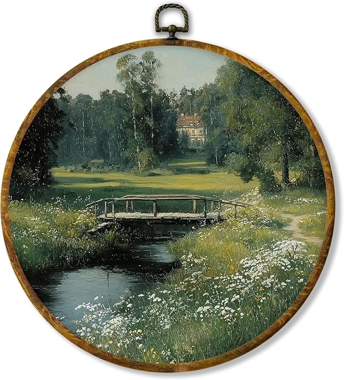 Hiuwevt Rustic Farmhouse Nature Round Wall Art Decor, Vintage Country Wildflower Landscape Framed Canvas Prints, Retro Cottagecore Round Wall Hanging Decor for Home Bedroom Decorations, 10x10 Inches