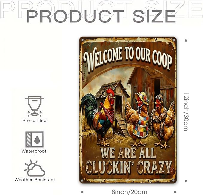 Funny Chicken Metal Sign Outdoor, Aluminum Farmhouse Wall Decor for Coop Door or Yard Area, Fluffy Humor Country Living Style, Rustic 8x12 Inch Gift