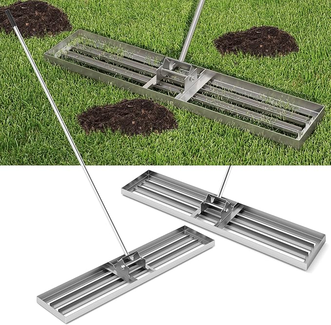 Happygrill Lawn Leveling Rake, Heavy Duty Lawn Level Tool for Soil w/67” Handle, Dirt Ground Leveler, Effort-Saving Landscape Rake for Garden, Backyard, Golf Course, Farm, Pasture (46" x 10", Silver)