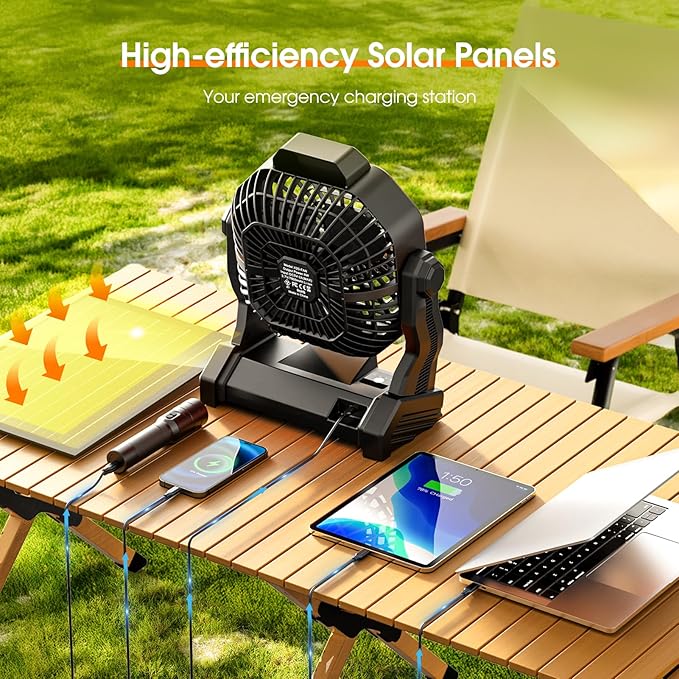 Rechargeable Solar Powered Fan, 【Max 40H Runtime】Solar Camping Fans & Led Lantern,8-inch Portable Fan with Solar Panel,Battery Operated Powered Outdoor Tent Fans for Camping Essentials Accessories