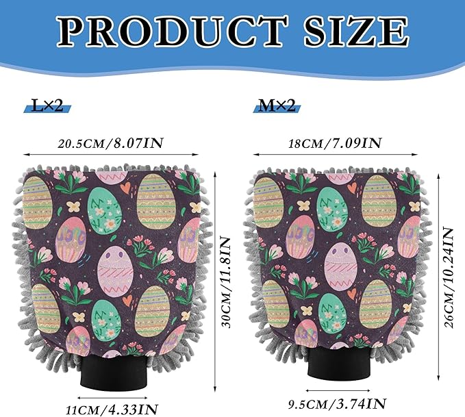 Pastel Colorful Easter Eggs Floral Wash Mitt Car Washing Absorbent Microfiber Chenille Pad Car Wash Sponge Mitts Soft Non Scratch, Medium x 2 Pack
