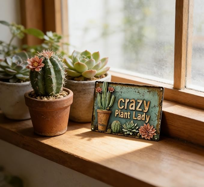 Vintage Garden Metal Sign Crazy Plant Lady Funny Gardening Tin Signs Rustic Farmhouse Cacti and Succulents Plants Aluminum Wall art for Home Garden Patio Farm Yard Bar Outdoor Indoor Decor 8x12 Inch