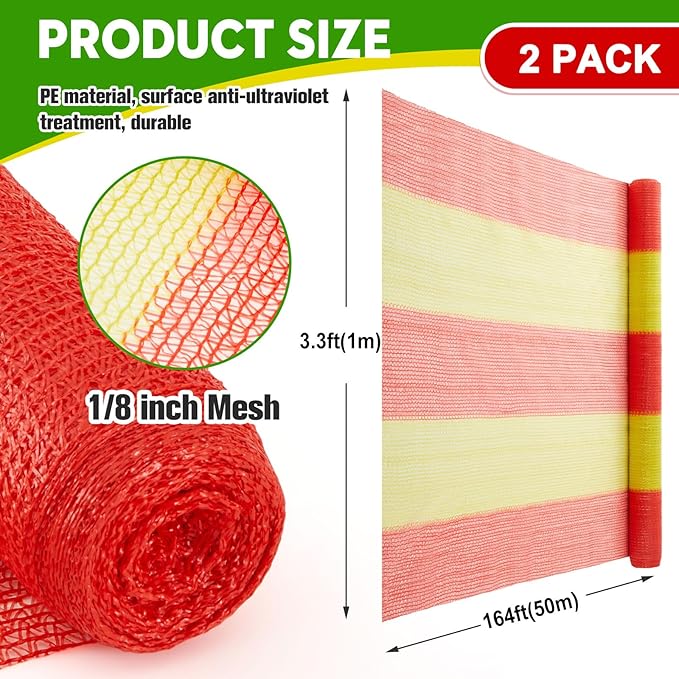 2 Rolls 3.3' x 164' Safety Snow Fence Net HDPE High Visibility Temporary Barrier Construction Netting Safety Warning Roadblock for Snow Fencing Garden Poultry Driveway (Red and Yellow)