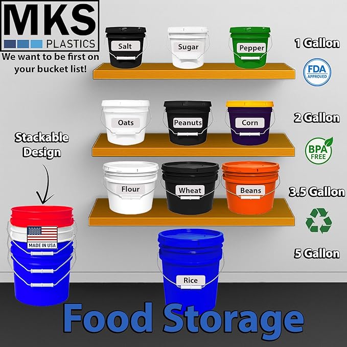 5-Gallon Bucket with Airtight Lid – Made in USA, Food Grade BPA Free Plastic, Heavy Duty Multi-Use, Metal Handle with Grip, Stackable Storage – Blue, 3 Pack