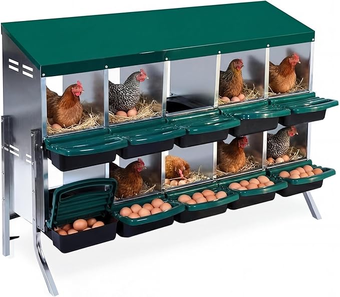 Chicken Nesting Box, 10-Hole Metal Wall Mount Chicken Laying Boxes with Legs and Lid Cover, Easy to Assemble, Roll-Away Egg Design Nesting Boxes for Outdoor Chicken Coop & Farm Yard, Green