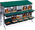 Chicken Nesting Box, 10-Hole Metal Wall Mount Chicken Laying Boxes with Legs and Lid Cover, Easy to Assemble, Roll-Away Egg Design Nesting Boxes for Outdoor Chicken Coop & Farm Yard, Green