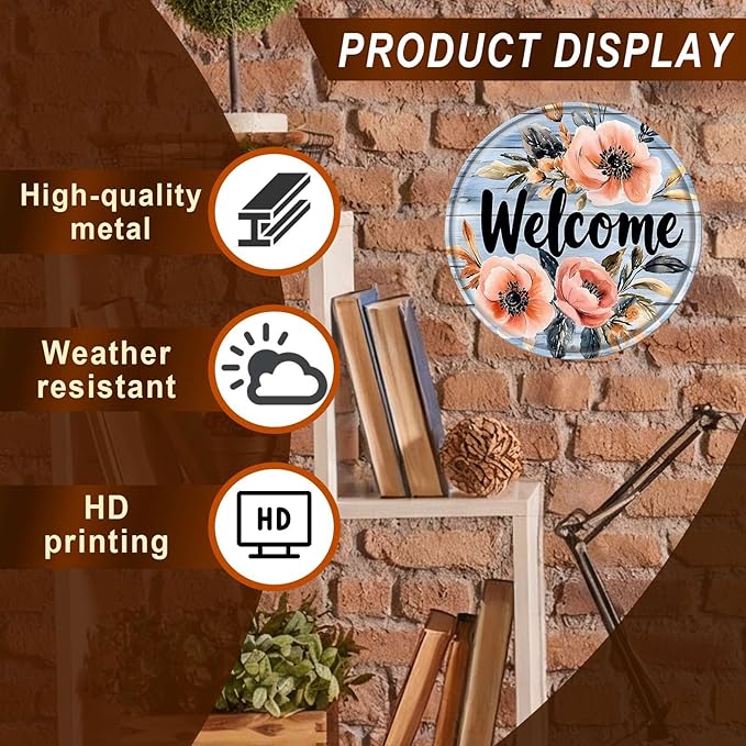 Round Welcome Aluminum Metal Tin Sign Wreath Vintage Farmhouse Wall Decor for Kitchen Backyard Home Outdoor Porch Gate 8x8inch