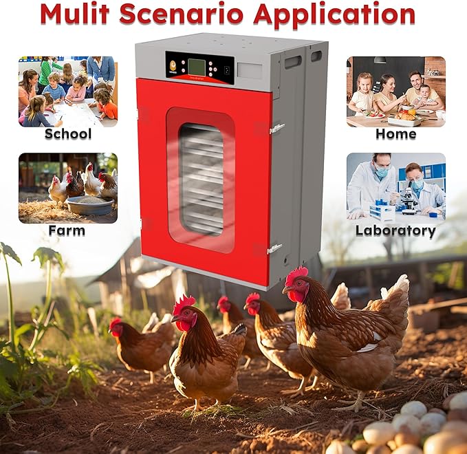 Commercial Digital Egg Incubator, 400-Egg Capacity, 360° Auto-Turning System with Digital Control, Red and Gray Cabinet, Temperature and Humidity Monitoring