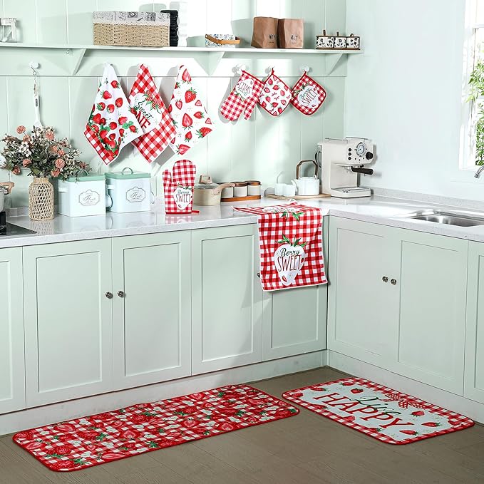 10 Pcs Strawberry Kitchen Dish Towels Rugs Oven Mitts and Pot Holders Set Farmhouse Kitchen Decor Set for Women Mom Daughter Gift Cooking Baking Grilling (Red and White)