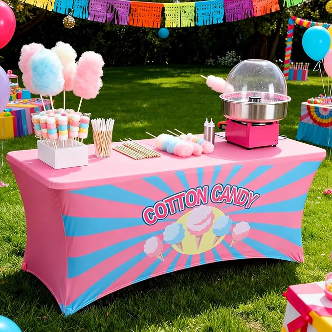 Oudain 6 ft Cotton Candy Stand Tablecloth Elastic Spandex Table Cover Cotton Candy Shop Pink Blue Banner Sign Table Cloth for Business Advertising Carnivals Party Outdoor Concession Stand