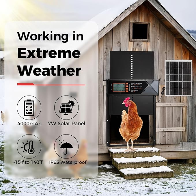 Automatic Chicken Coop Door Solar Powered, 4 Modes Automatic Chicken Door with Timer & Light Sensor, 7W Solar Charging Panel, Waterproof Aluminum Alloy Chicken Door with LED Screen (Black)
