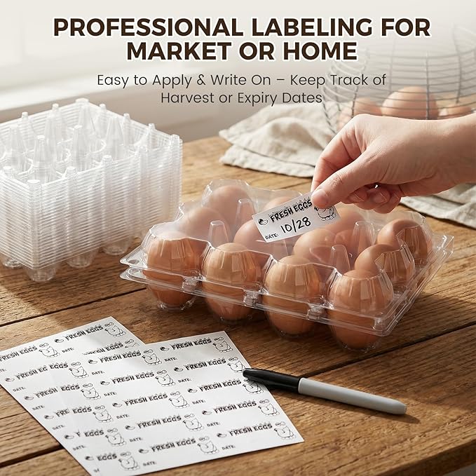 HANSGO 60 PCS 12 Count Plastic Egg Cartons, with 60PCS Date Labels, Bulk Clear Reusable Egg Containers for Fresh Medium Eggs Storage, Suitable for Farms, Families, Markets Display