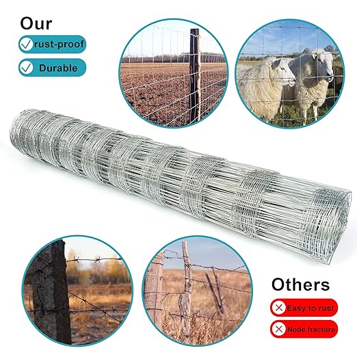 Farm Fence 4ft x 100ft Heavy Zinc Coating Cattle Fence,Galvanized Field Wire Fencing Deer Goat Hog Wire Fencing for Yard Livestock & Animals Protection