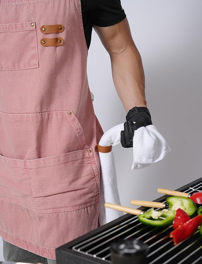 Denim Bbq Apron for Men Women with Pockets Adjustable Cross Back Chef Aprons for Kitchen Cooking Grilling Working