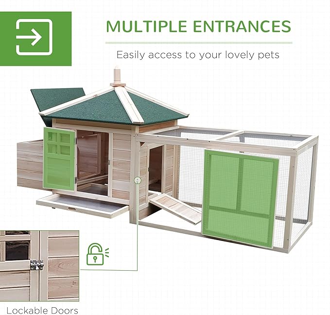 PawHut 77" Wooden Chicken Coop with Nesting Box, Cute Outdoor Hen House with Removable Tray, Ramp Run, for Garden Backyard, Natural