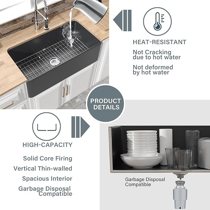 Black Farmhouse Sink 33 x 18 Inch, Single Bowl Firecaly Apron Front Undermount Farm Sink, with Accessories 2 Types, Matte Black, for Kitchen