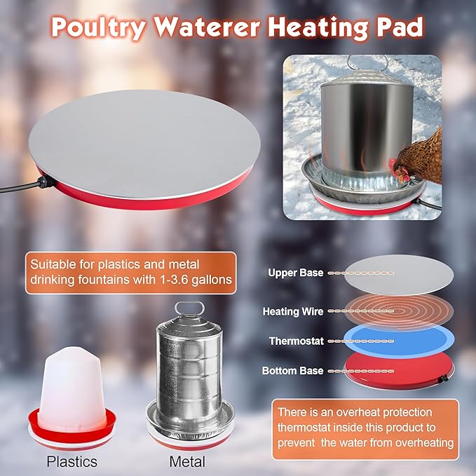 BBTO Chicken Water Heater, 110V 80Watts Heated Chicken Waterer Metal Base for Winter Deicer, Poultry Waterer Heater Base Fits Plastic/Metal Waterer, Pet Water Heater with 6 ft Cord for Poultry Founts