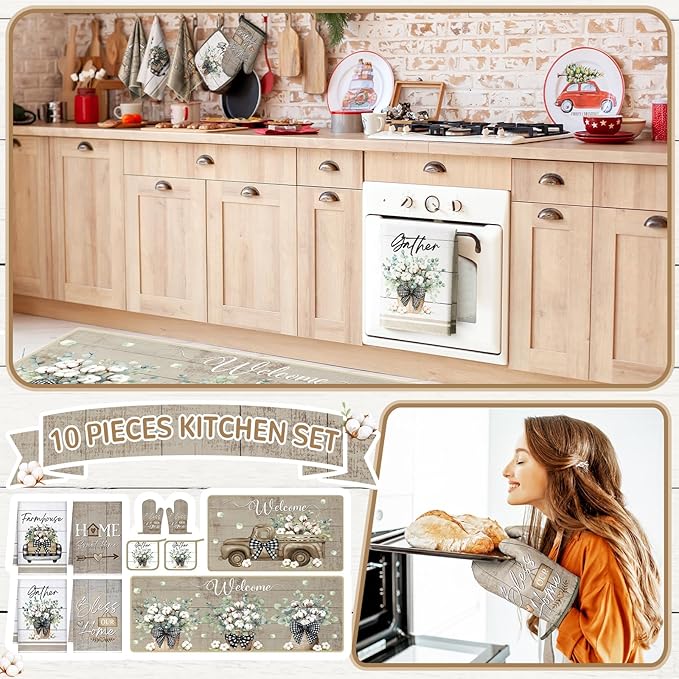 10 Pcs Flower Basket Farmhouse Kitchen Decor Set Dish Towels Kitchen Rugs Oven Mitts and Pot Holders Set for Cooking Baking Grilling Women Mom Daughter Gift(Spring Color)