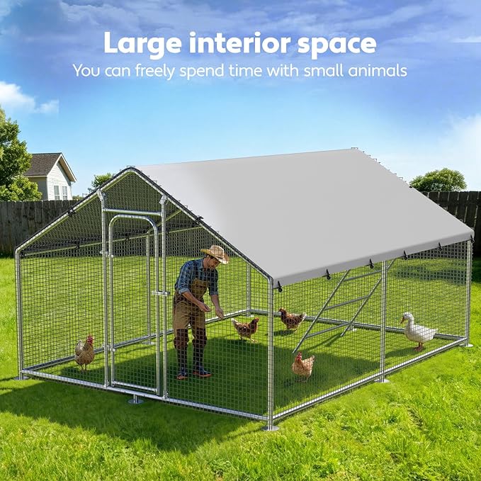 Large Metal Chicken Coop Run with Roosting Perch, Outdoor Poultry Cage with Heavy Duty Wire Mesh and UV-Resistant Cover for Chickens Use, Spire Roof (8.9'W x11.8'L x 6.6'H)