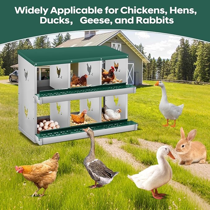 Nesting Boxes for Chickens, 6 Compartments, Nesting Boxes with 4 Dummy Eggs and 10 Dampproof Pets Mats, Green, Stainless Steel, Wall-Mountable & Roll Away Design